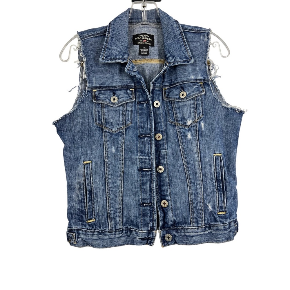 Ralph Lauren Polo Jeans Co Distressed Rocker sleeveless jean jacket Size Medium